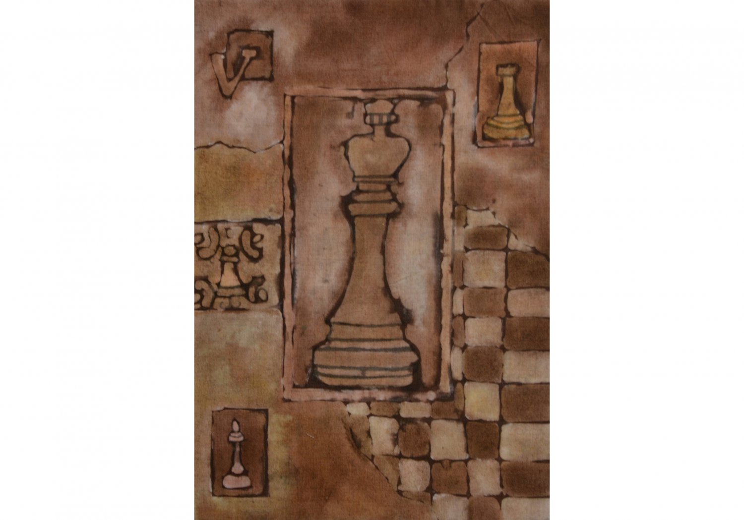 Wyróżnienie (Szkoła ponadpodstawowa) Zuzanna Grzywińska. Tytuł “ Dama w kartach”. Na obrazku dominują odcienie brązu. Kompozycja inspirowana grą w szachy przedstawia figury szachowe oraz pole do gry.