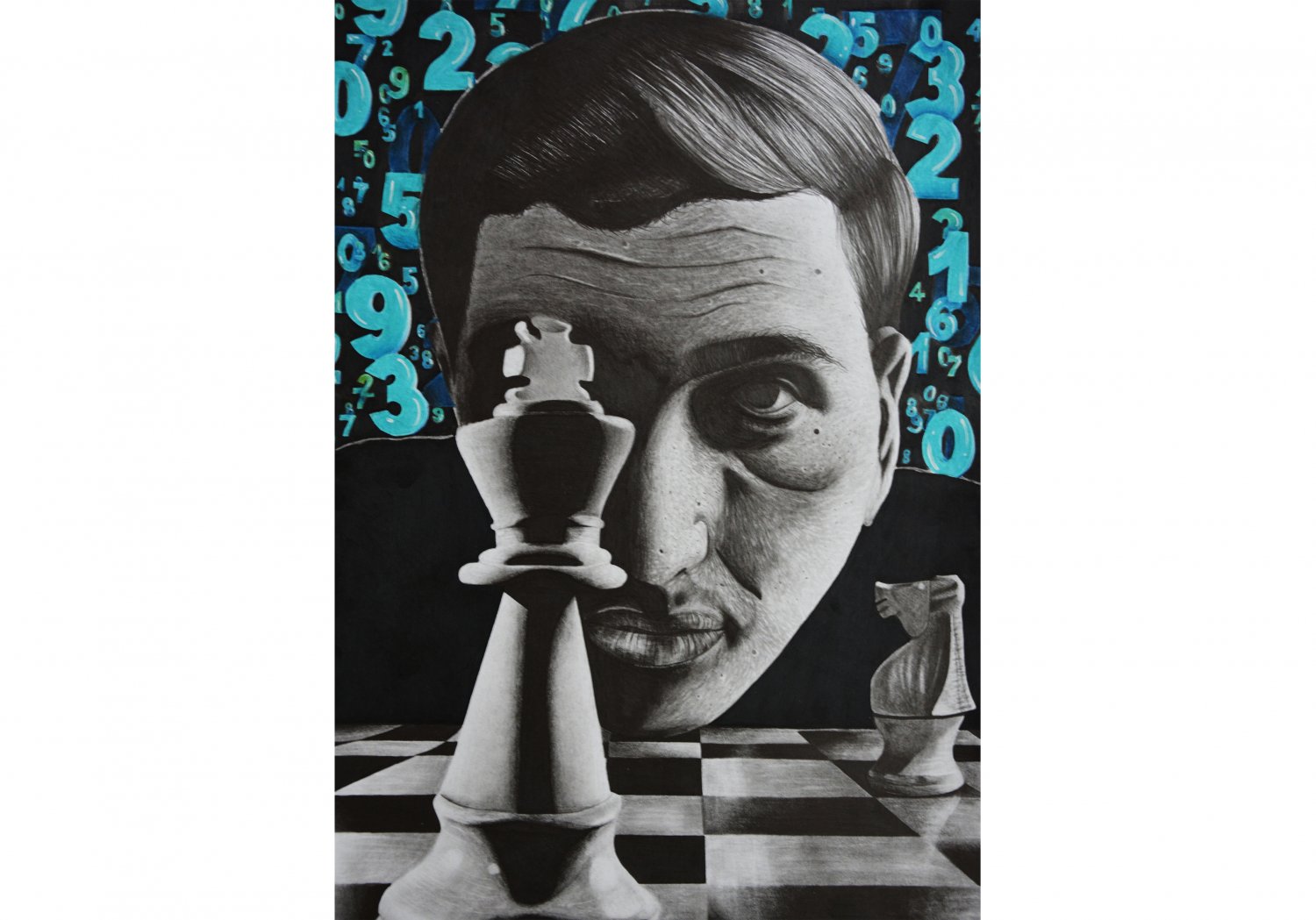 Wyróżnienie (Szkoła ponadpodstawowa) Róża Stolarczyk. Tytuł "Myśl analityczna". Praca przedstawia figurę szachową oraz twarz na której widać emocje skupienia niczym gracz podczas gry w szachy. Portret narysowany ołówkiem z dbałością o każdy detal.