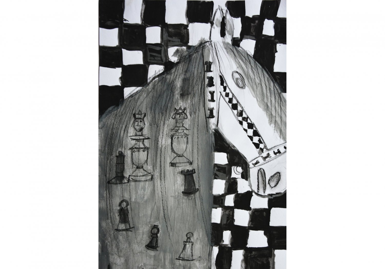Wyróżnienie (klasy SP 0-IV). Gabriela Kucińska lat 10. Nieoczywista kompozycja, widzimy figurę konia na tle czarno białej szachownicy, w jego grzywie rozgrywa się gra, umieszczone są tam figury szachowe. Praca w kolorach czerni i bieli.
