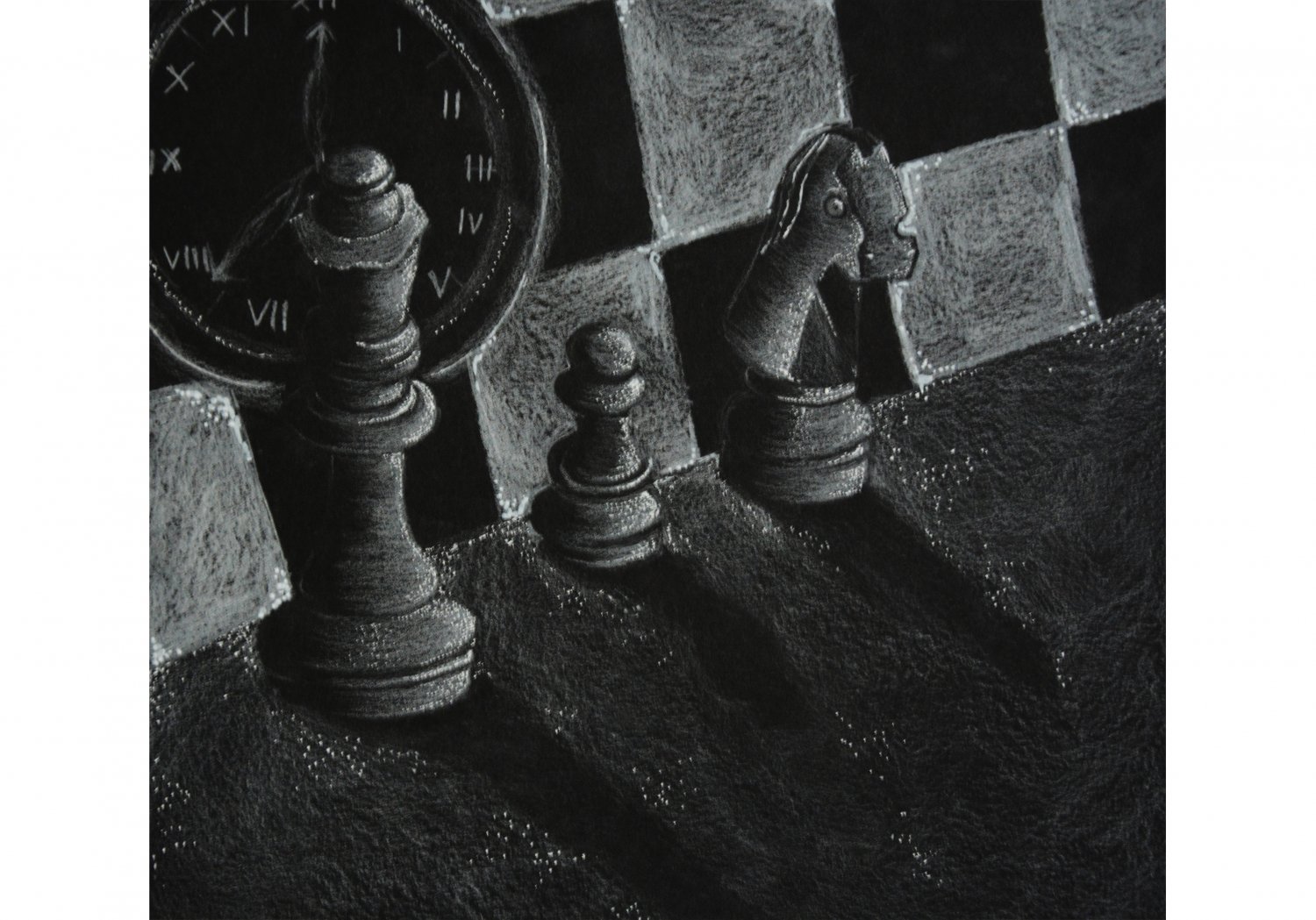 Wyróżnienie (klasy SP V-VIII). Oliwia Jaskowiak Tytuł "Szachy to czas”
Czarno biała praca na której przedstawione są figury szachowe. W tle znajduje się zegar.