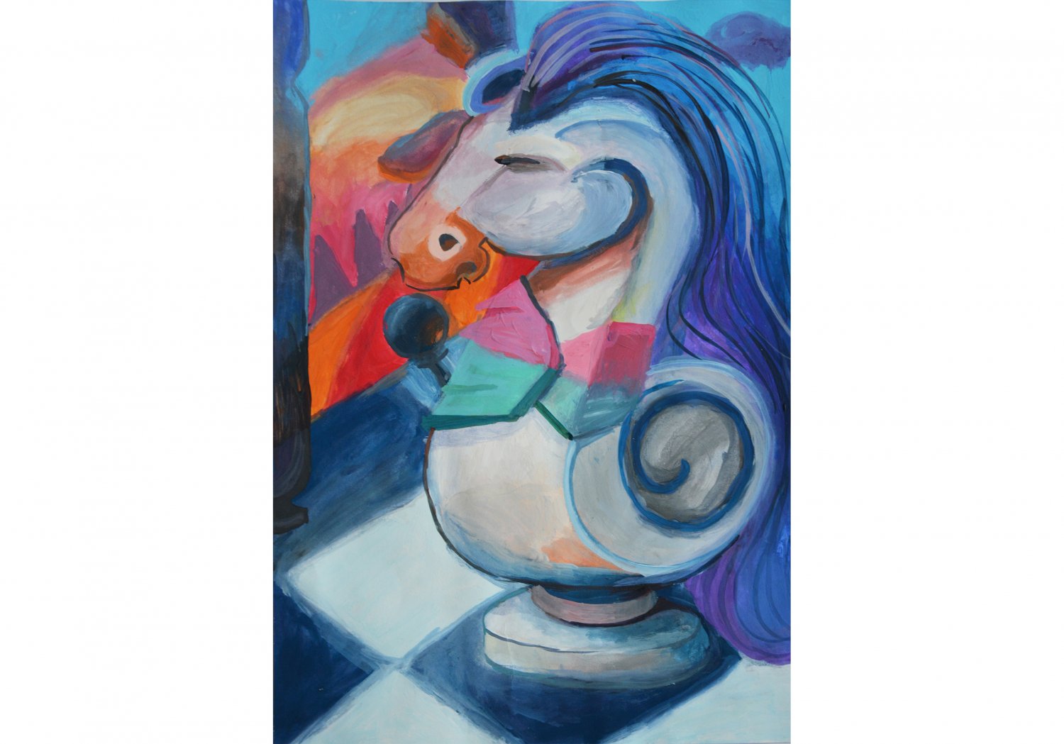 II miejsce: Klaudia Kałużna. Tytuł “Konik”
Kolorowe i inspirujące przedstawienie figury szachowej. Przepiękne kolory z dominacją czerwieni  błękitu i bieli.