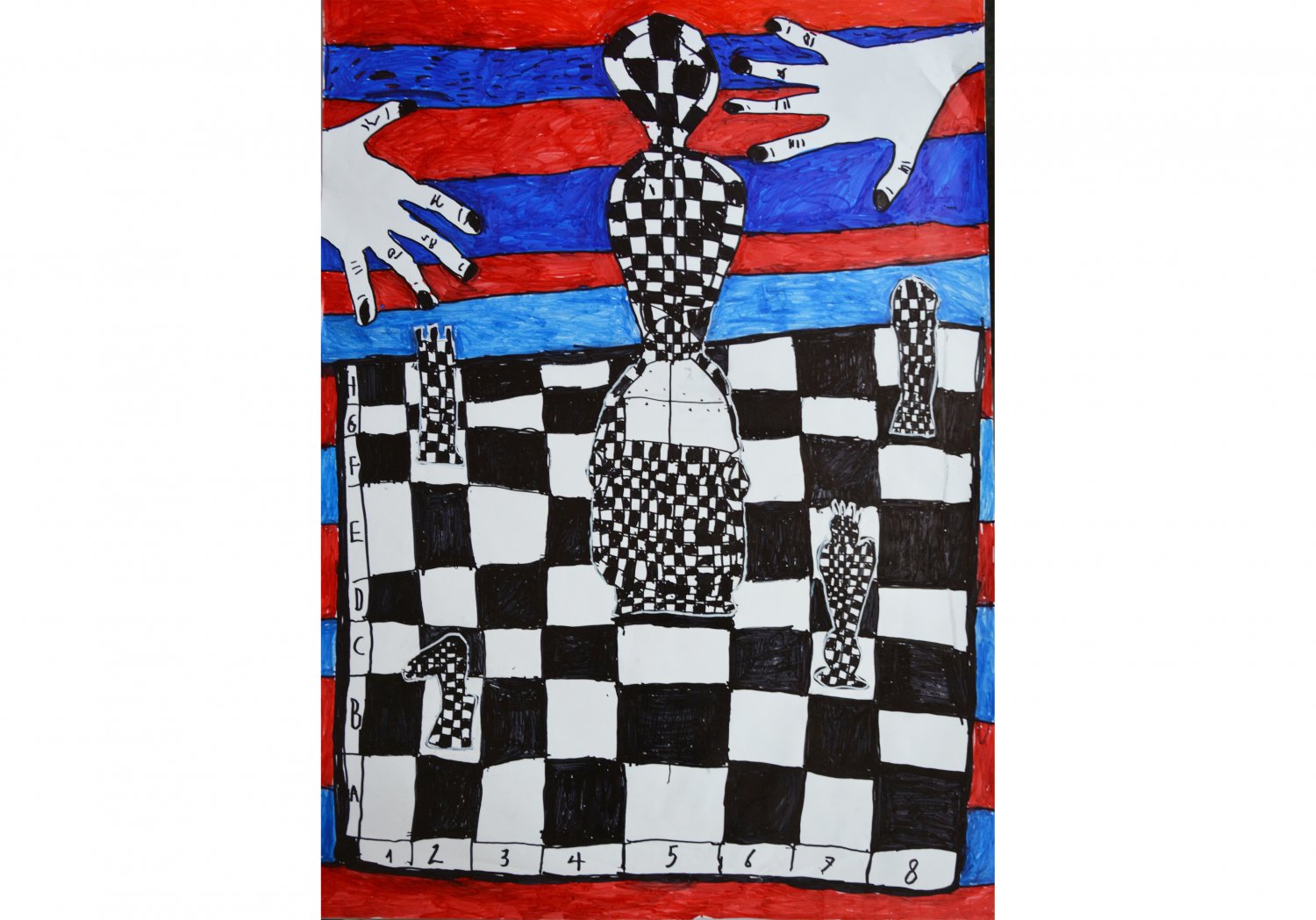 I miejsce: Mikołaj Janeczek. Tytuł “Gra w szachy”
Obraz przedstawia plansze do gry z figurami szachowymi. Z boku widać dłonie graczy. Ciekawe połączenie kolorystyczne czerwieni granatu i czerni.