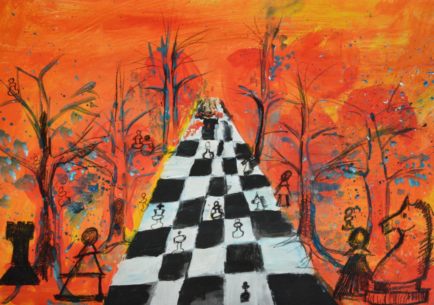 Wyróżnienie (klasy SP 0-IV). Dominika Parkitna Tytuł  "Jesienny spacer”
Niesamowite ogniste kolory, pełne ekspresji przedstawienie gry w szachy. Na obrazku dominuje pomarańcz. Jest pole do gry oraz figury szachowe w otoczeniu drzew.