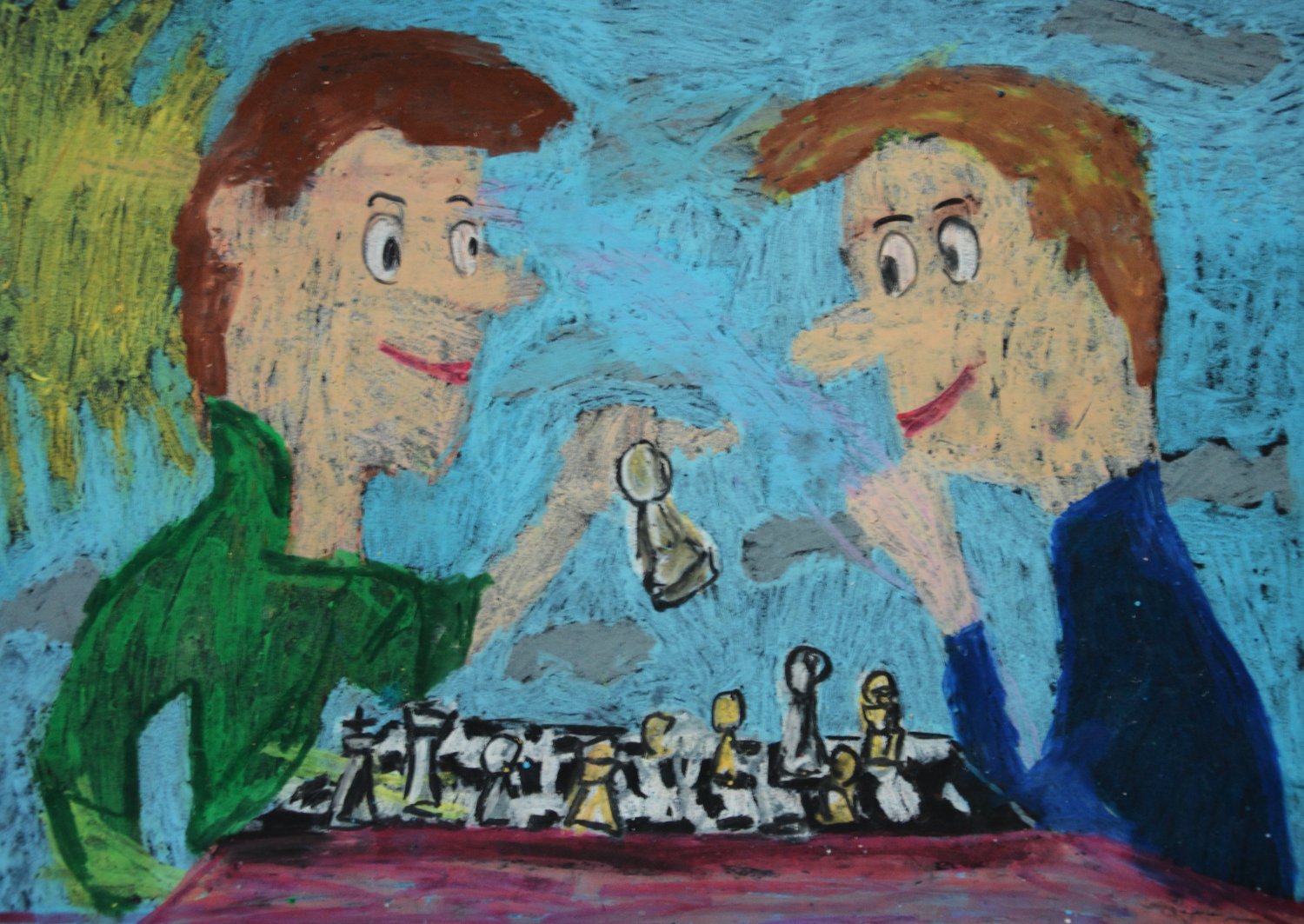 III miejsce: Yaraslav Shaurov. Piękne i kolorowe przedstawienie dwóch graczy. Na ich twarzach widać emocje skupienie podczas gry ale także radość. Praca wykonana techniką pastel olejna na papierze.