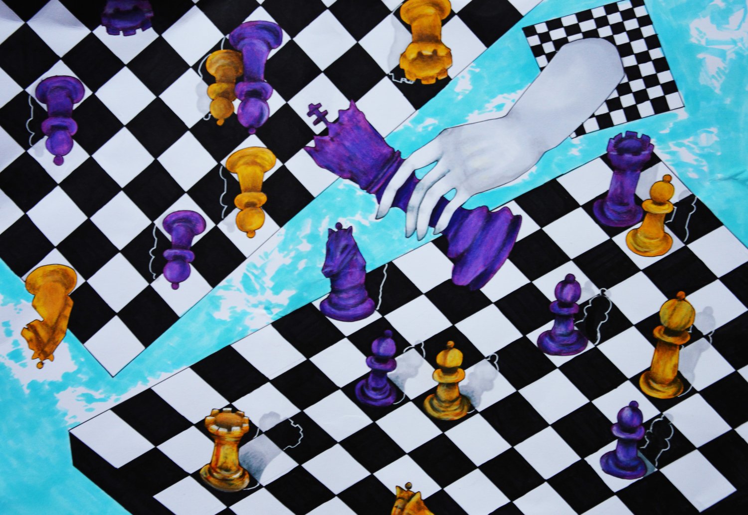 III miejsce: Marta Mioduszewska. Tytuł” Szachy drugi wymiar”
Kolorowa praca wykonana w technice kolażu inspirowana grą w szachy. Na obrazku widzimy kolorowe pionki plansze do gry oraz dłoń, która wynurza się z otchłani.