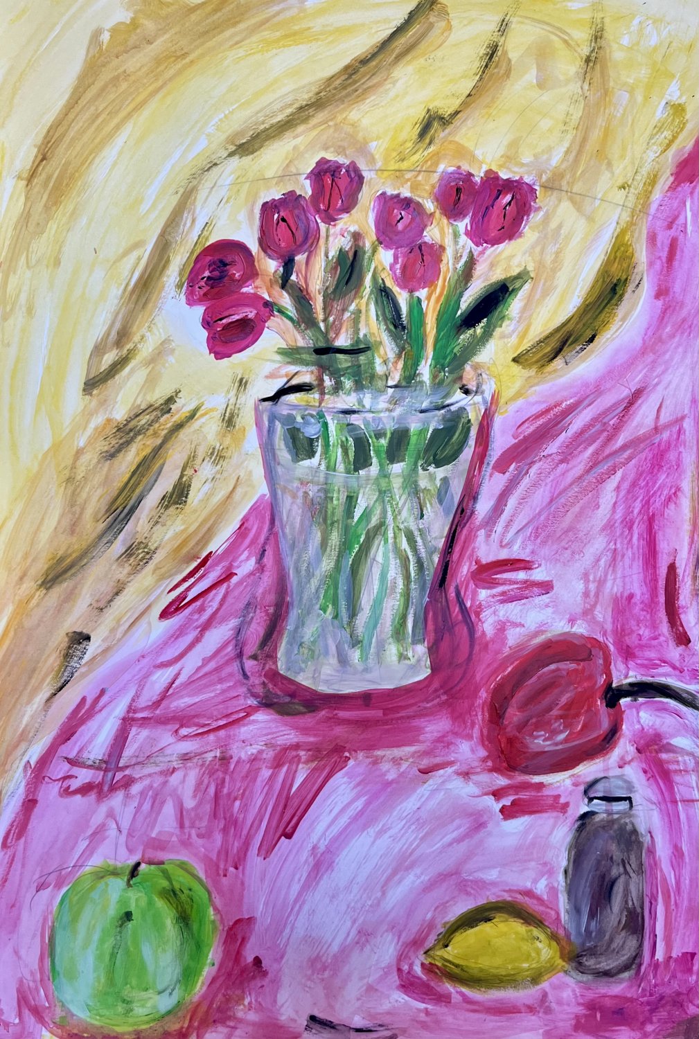 Obraz namalowany przez dziecko przedstawia martwą naturę w wiosennym charakterze