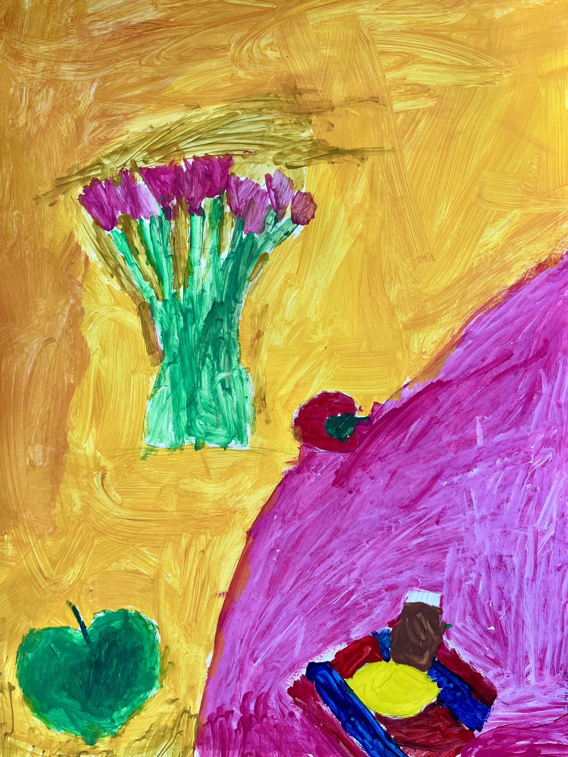 Plastyczne barwne ujęcie namalowane na zajęciach malarstwa kompozycja z kwiatami.