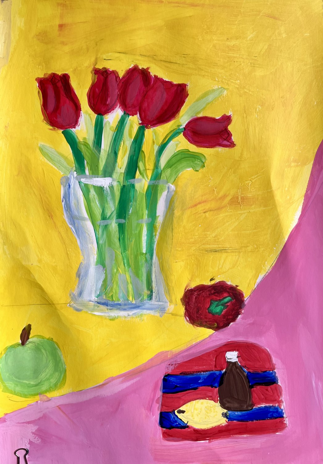 Wspaniałe przedstawienie w barwach żółto różowych z kwiatami