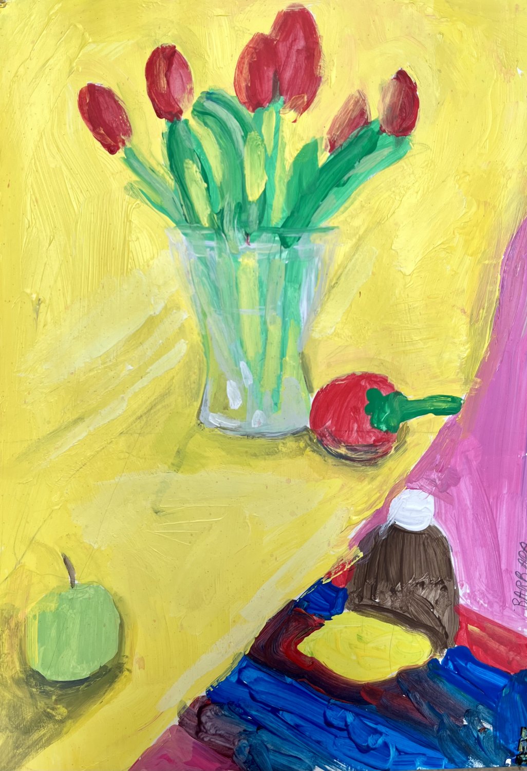 Kolorowa martwa natura z kwiatami i owocami