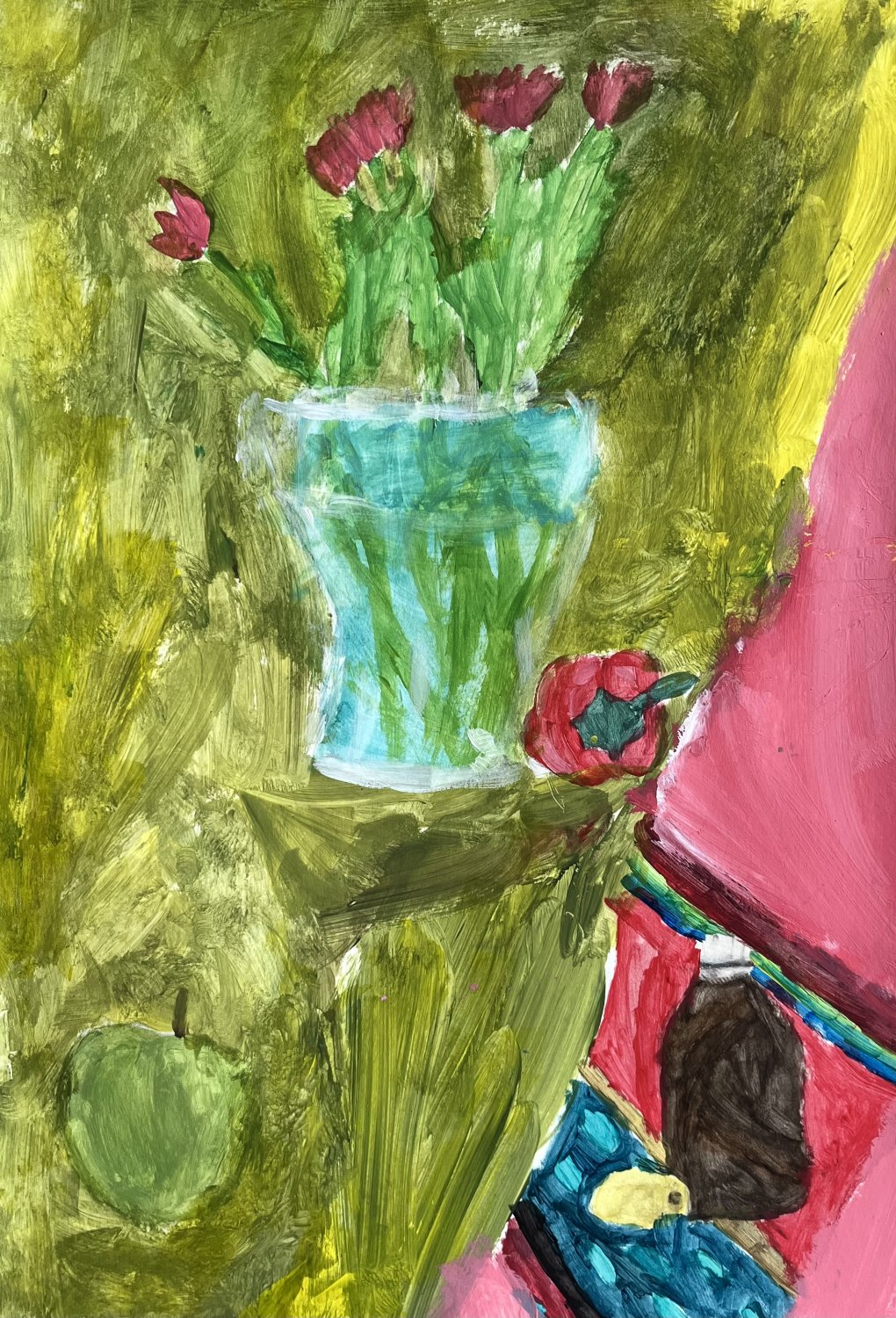 Martwa natura w żywych kolorach studium kwiatów i owoców.