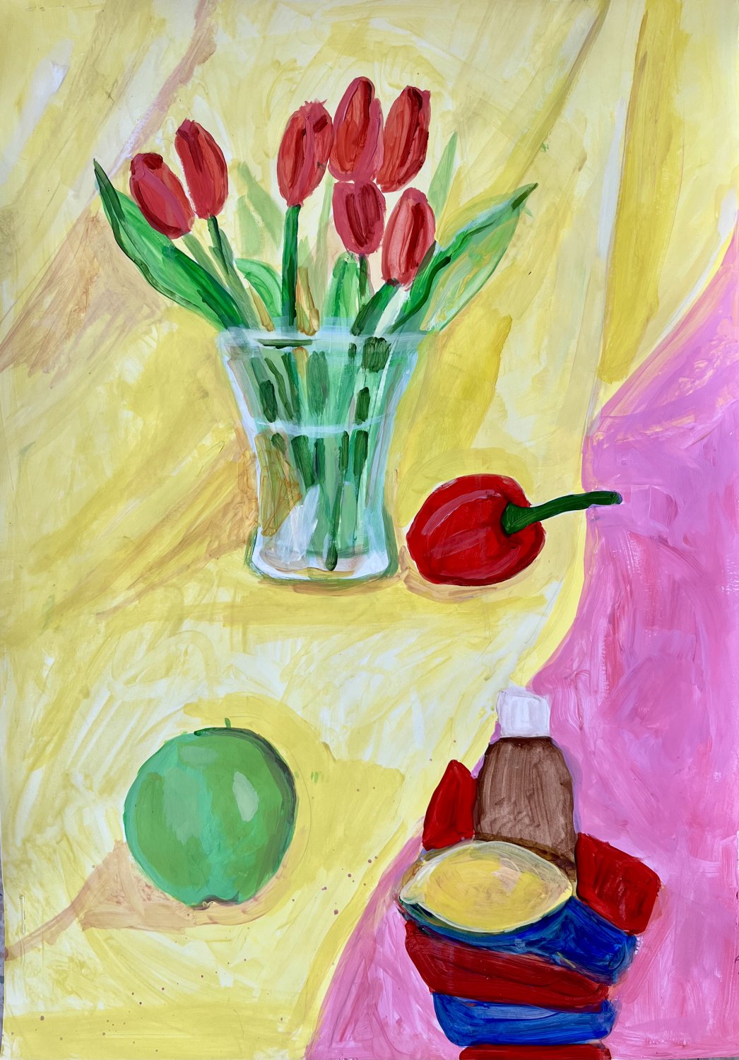 Praca plastyczna przedstawiająca martwą naturę z kwiatami i owocami