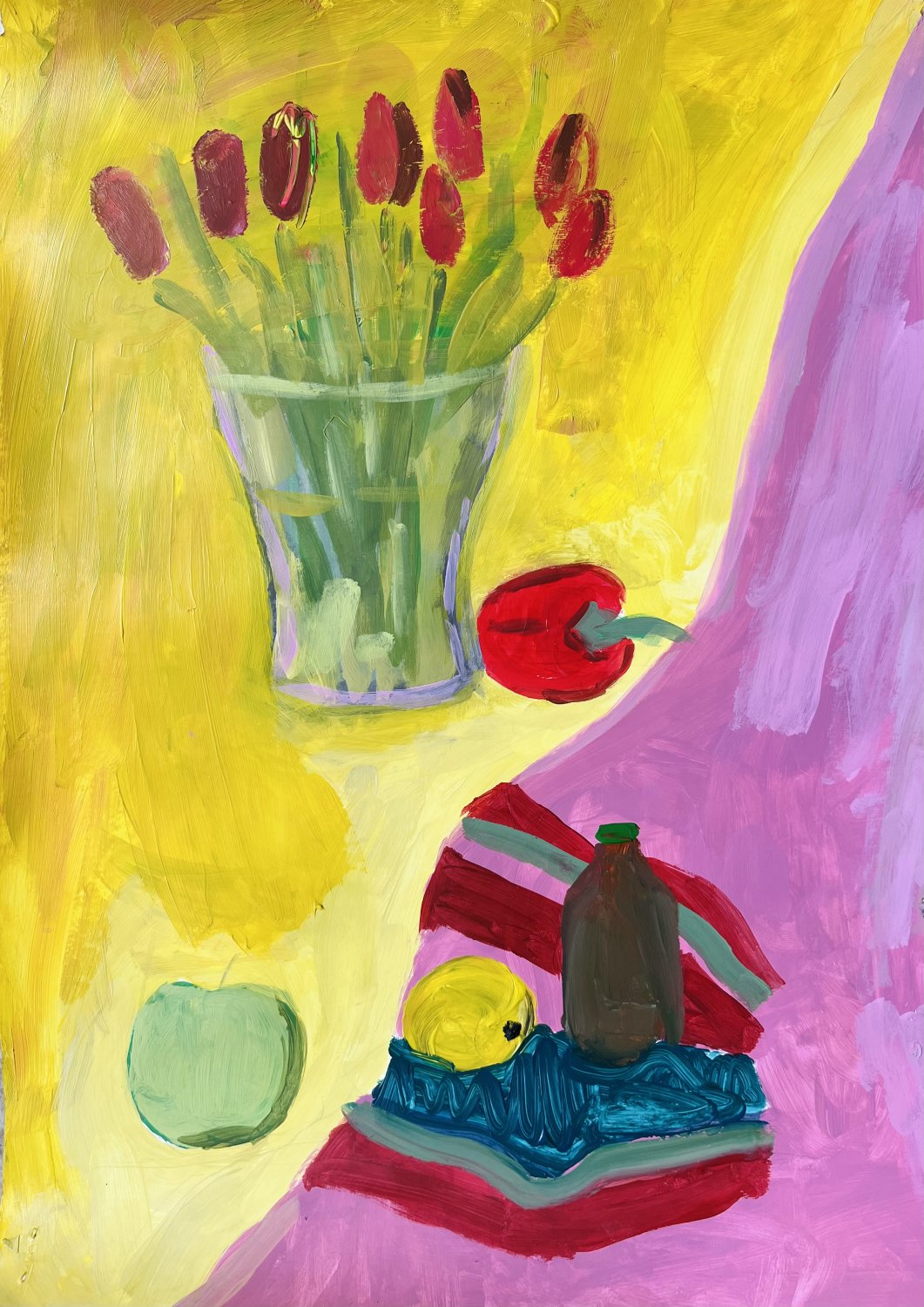 Obraz namalowany na zajęciach malarstwa kolorowa kompozycja z kwiatami