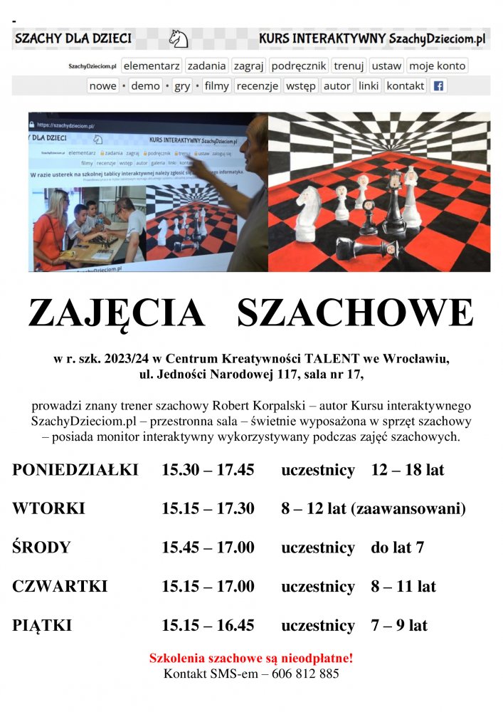 Godziny pracy pracowni szachowej 2023/2024