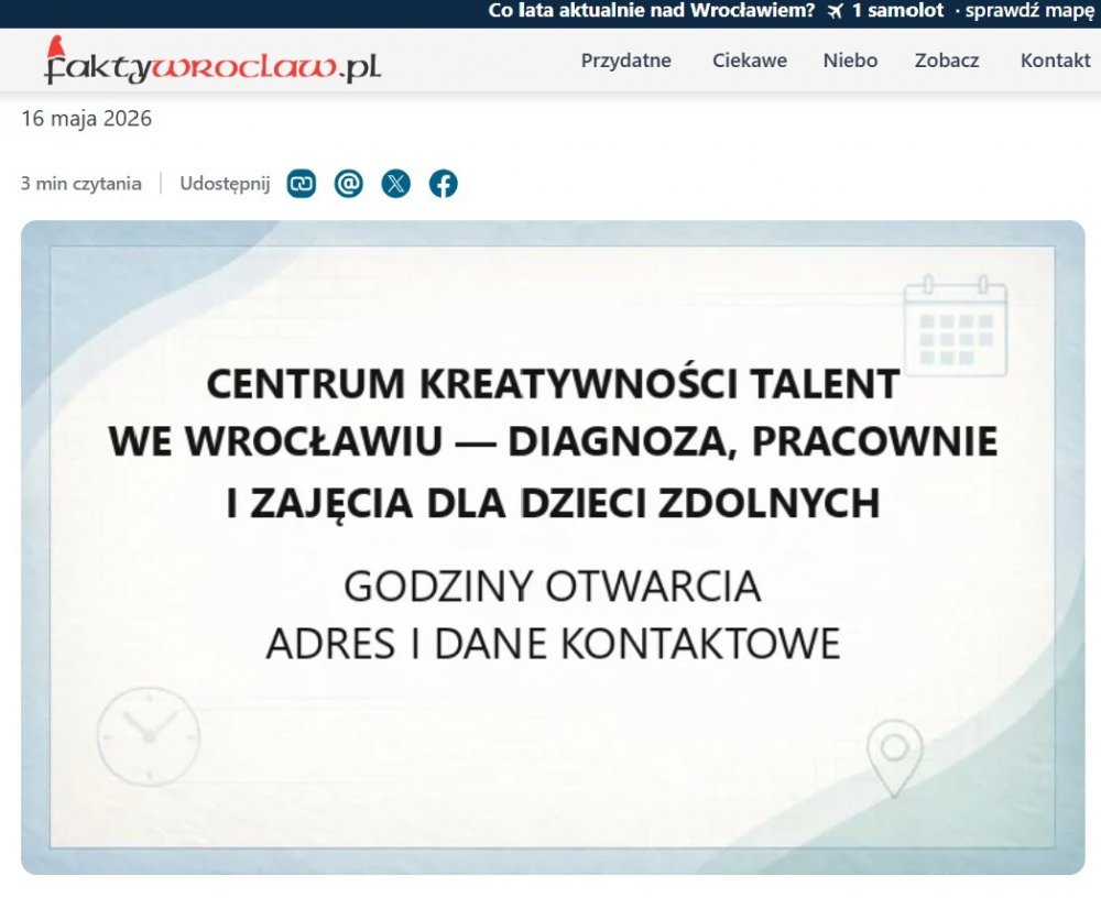 baner informacyjny :Centrum Kreatywności TALENT to pierwsza i jedyna we Wrocławiu placówka oferująca systemową, bezpłatną diagnozę dzieci zdolnych.