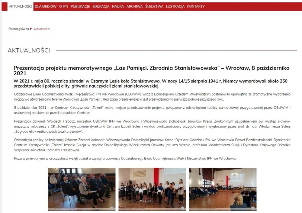 Print screen strony internetowej aktualności IPN Wrocław