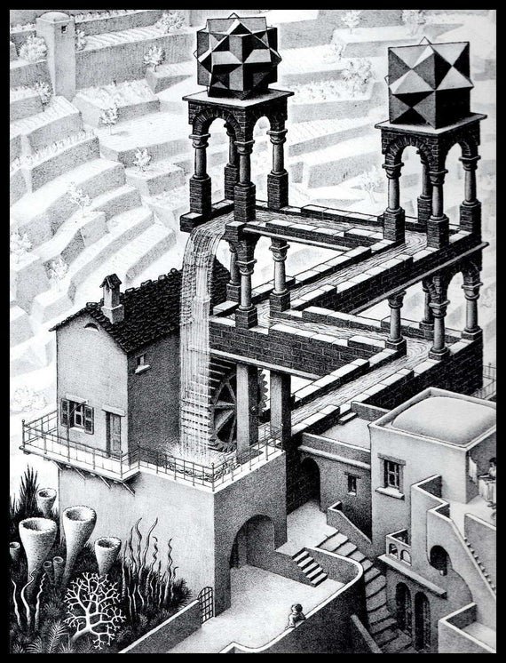 Interesujący odłam op-artu wiąże się z nazwiskiem Mauritsa Cornelisa Eschera, którego fascynacją są złudzenia optyczne. Escher, posługując się nieprawdopodobnie cierpliwą i precyzyjną kreską, wprowadza nas w świat metamorfozy i odbić lustrzanych; zaskakuje niezwykłymi rozwiązaniami geometrycznymi. Jego czarno-białe rysunki przedstawiają często świat widziany z kilku perspektyw jednocześnie, z załamującymi się wymiarami i walczącymi ze sobą poziomem i pionem.