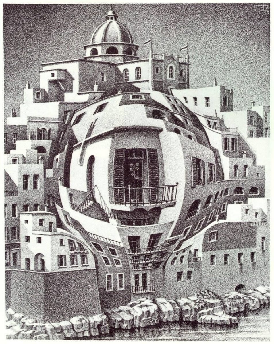 Interesujący odłam op-artu wiąże się z nazwiskiem Mauritsa Cornelisa Eschera, którego fascynacją są złudzenia optyczne. Escher, posługując się nieprawdopodobnie cierpliwą i precyzyjną kreską, wprowadza nas w świat metamorfozy i odbić lustrzanych; zaskakuje niezwykłymi rozwiązaniami geometrycznymi. Jego czarno-białe rysunki przedstawiają często świat widziany z kilku perspektyw jednocześnie, z załamującymi się wymiarami i walczącymi ze sobą poziomem i pionem.