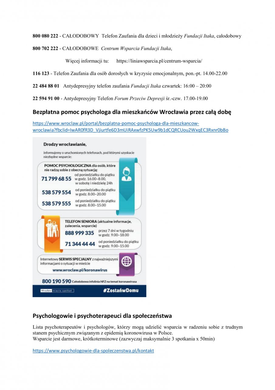 Infografika WSPARCIE PSYCHOLOGICZNE na czas pandemii, dostępna także w wersji PDF