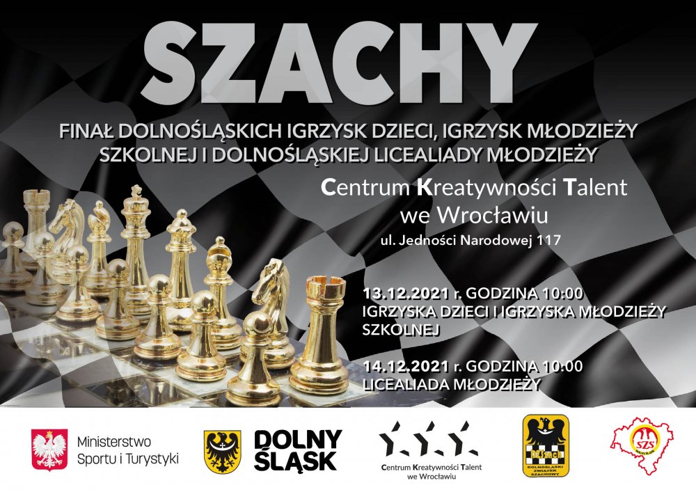 Plakat Finału Dolnośląskich Igrzysk Dzieci i Młodzieży Szkolnej oraz Licealiady Młodzieży w szachach 2021/2022