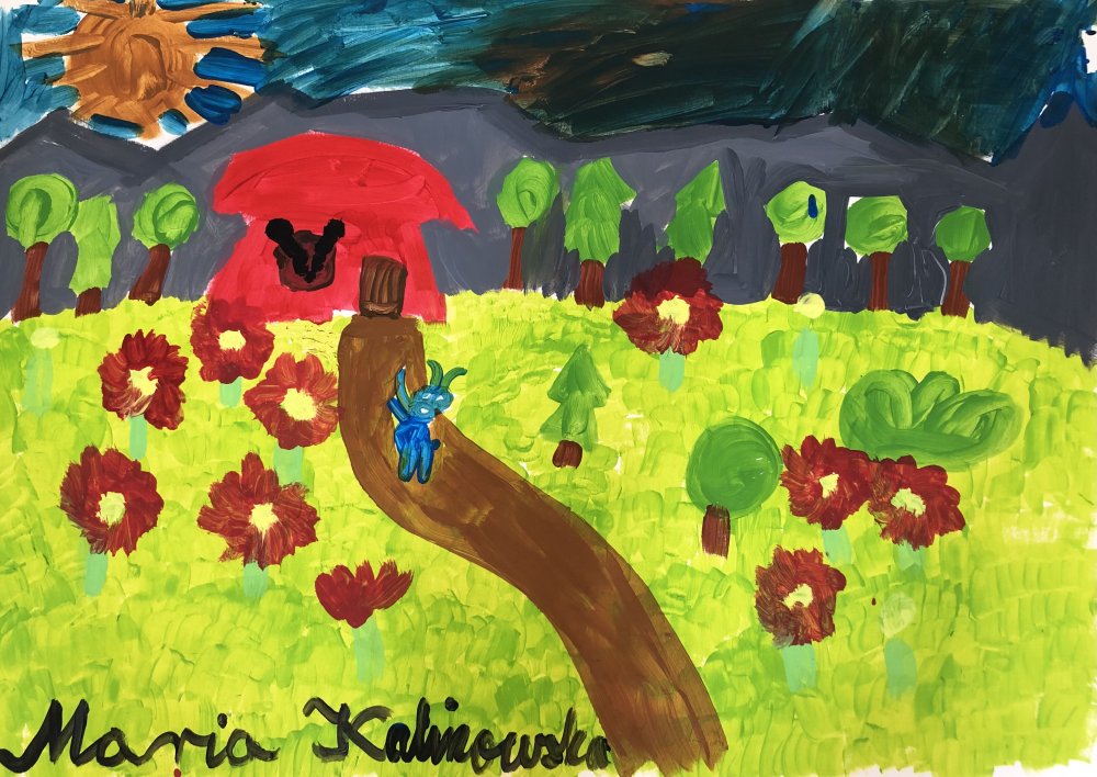 Obraz przedstawia pejzaż z wysoko osadzonym horyzontem, na tle którego rozpościerają się drzewa i góry w skali szarości. Pośrodku kompozycji widnieje brązowa ścieżka, którą podąża niebieski żuk. Po dwóch stronach drogi autorka namalowała łąkę używając nasyconej, jasnej zieleni, którą ozdobiła czerwonymi kwiatami.