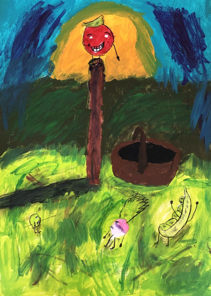 Obraz namalowany został techniką akrylową na kartonie. Praca przedstawia tytułowego bohatera wiersza Jana Brzechwy – czerwonego Pomidora, który umiejscowiony został pośrodku kompozycji na tle zachodzącego słońca. Otoczony został innymi warzywami, których ekspresja mimiki wskazuje na niezadowolenie. Warzywa umieszczone zostały na tle jasnej zieleni malowanej w sposób ekspresyjny.