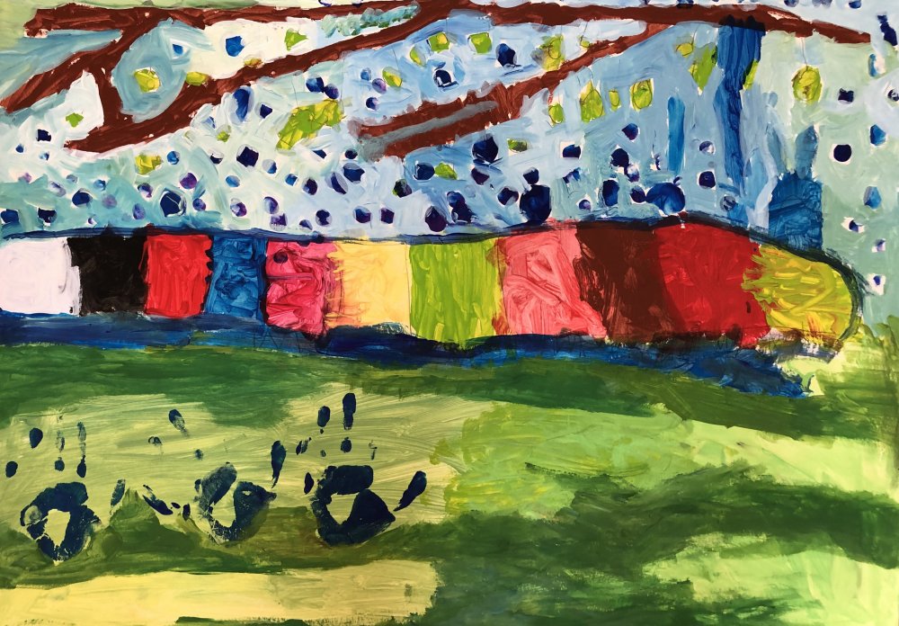 Praca została namalowana przy użyciu farb akrylowych na kartonie. Przedstawia kolorową stonogę umieszczoną w centrum obrazu. Horyzont umieszczony pośrodku oddziela od siebie zieloną trawę namalowaną ekspresyjnie przy pomocy szerokiej skali zieleni oraz niebo.