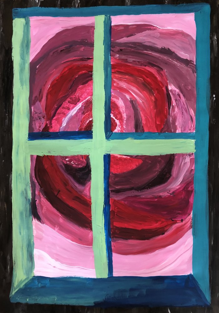 Praca wykonana została techniką malarstwa akrylowego na kartonie. Nawiązuje do fragmentu wiersza Wisławy Szymborskiej. Jest to kompozycja zamknięta, która przedstawia zielone okno, za którym możemy zobaczyć ogromną, czerwoną różę. Jest to bardzo ciekawe zastosowanie manipulacji skalą oraz perspektywą.