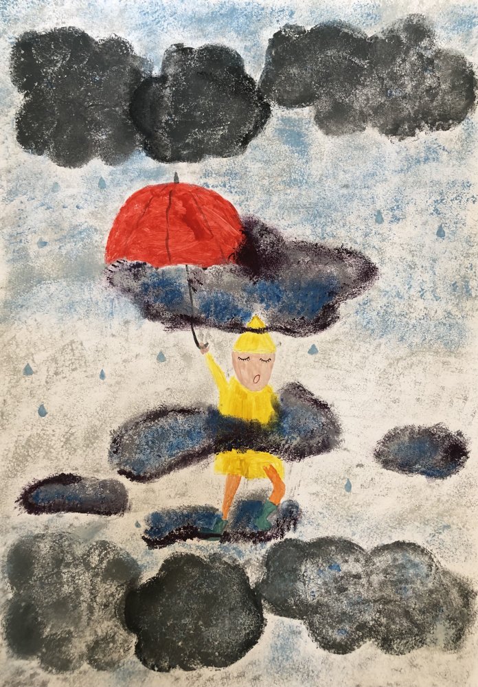 Praca powstała przy użyciu farb plakatowych nakładanych techniką tapowania. Obraz przedstawia ciemno szare chmury na tle błękitnego nieba. Pośrodku kompozycji unosi się ubrana na żółto postać trzymająca w ręku czerwoną parasolkę.