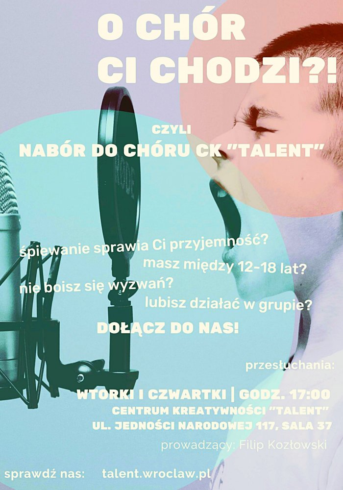 Plakat pracowni wokalno-muzycznej, informacje o rekrutacji do chóru