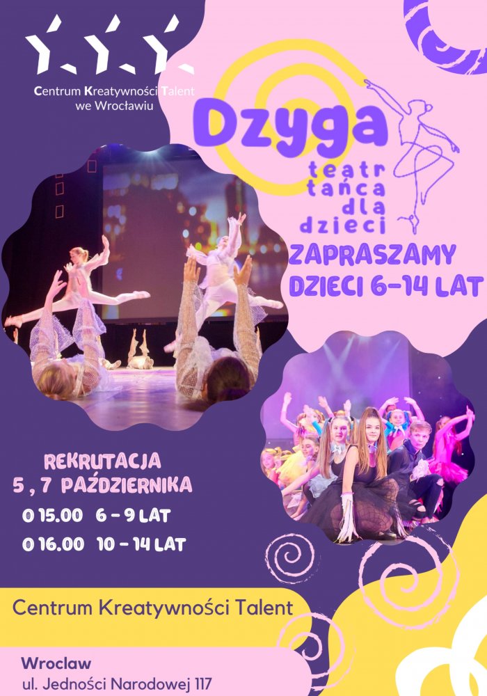 Plakat informujący o rekrutacji do Pracowni teatru tańca dla dzieci Dzyga