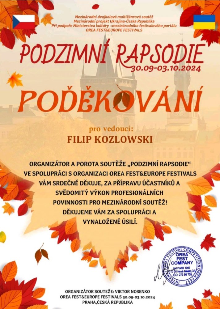 Podziękowanie, dyplom dla Filipa Kozłowskiego