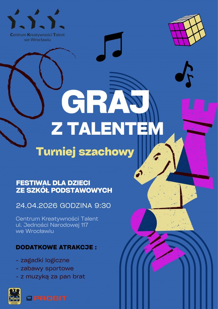 plakat wydarzenia Graj z Talentem, granatowe tło i figury szachowe w kolorze żółtym i różowym. Zawiera treść opisaną w tekście okalającym>