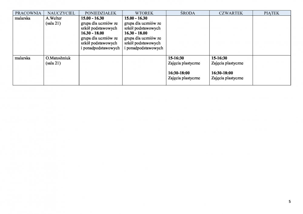 Grafik zajęć, zawiera tekst identyczny z dokumentem PDF umieszczonym na stronie